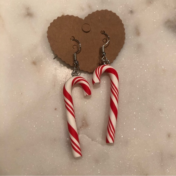 Dangling Clay Candy Cane Christmas Holiday Earrings , NWT - Picture 3 of 5